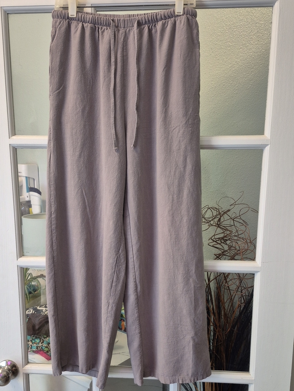 Linen Look Wide Leg Drawstring Pants - Taupe